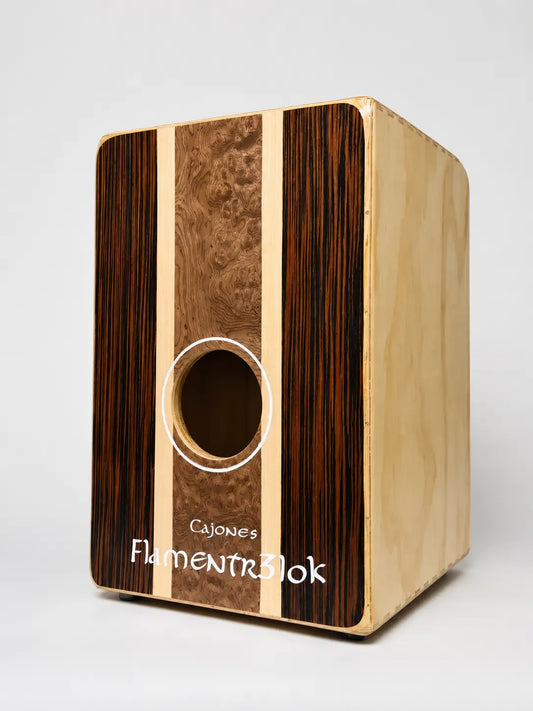 Cajon Flamenco Profesional Union Flamentr3lok Ebano Macassar Maple y Raiz de Nogal
