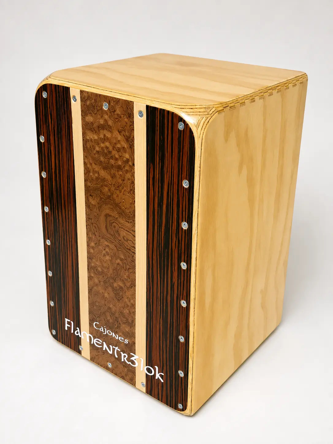 Cajon Flamenco Profesional Union Flamentr3lok Ebano Macassar Maple y Raiz de Nogal