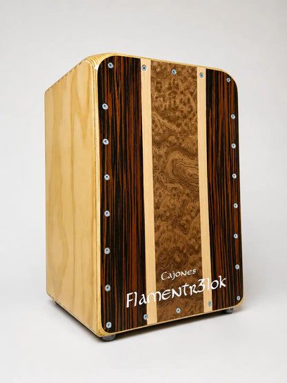 Cajon Flamenco Profesional Union Flamentr3lok Ebano Macassar Maple y Raiz de Nogal 02