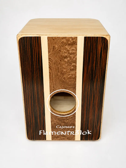 Cajon Flamenco Profesional Union Flamentr3lok Ebano Macassar Maple y Raiz de Nogal