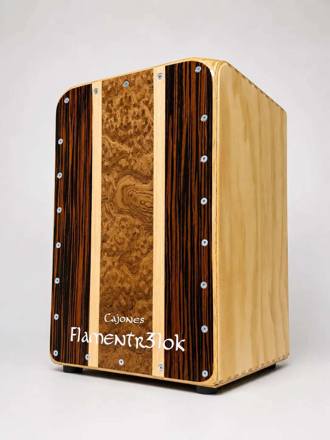 Cajon Flamenco Profesional Union Flamentr3lok Ebano Macassar Maple y Raiz de Nogal