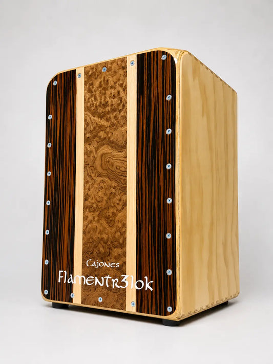 Cajon Flamenco Profesional Union Flamentr3lok Ebano Macassar Maple y Raiz de Nogal
